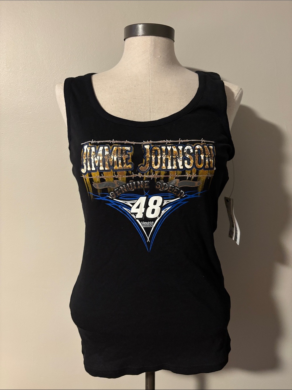 Nascar Black Tank Top with Gold and Blue Racing Graphic